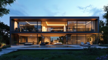 Obraz premium Modern Luxury Home with Large Windows Surrounded by Nature at Dusk in a Tranquil Setting