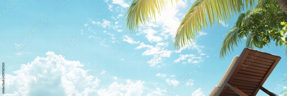 Poster relaxing under sunny skies with palm trees and fluffy clouds at a tropical beach retreat. generative