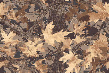 Camouflage seamless pattern. Forest real tree camouflage design. Hunting camouflage.