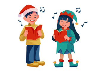 Children Singing Christmas Song with Book Illustration