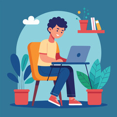 a boy is using his laptop vector