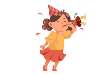 Joyful Girl Blowing New Year Trumpet Illustration