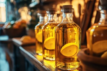 Fresh Lemon Infused Olive Oil in Bottles on Wooden Counter