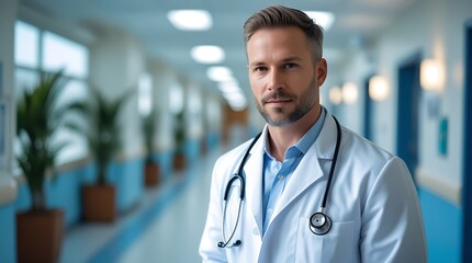 Confident male doctor in a white coat with a stethoscope standing in a modern hospital corridor, professional healthcare worker, medical expert, trusted physician, clinical environment

