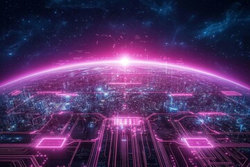 Obraz premium Futuristic Cityscape with Neon Lights and Digital Circuit Design