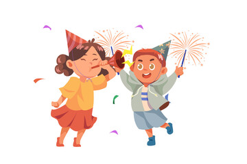 Joyful Child Celebrating New Year with Fireworks Illustration