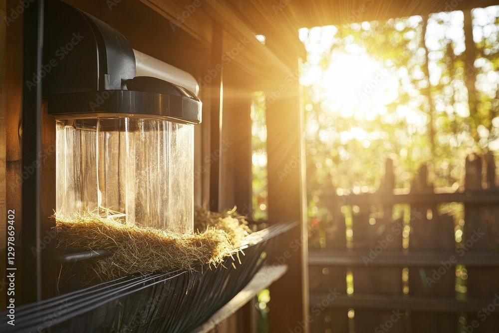 Poster glass container with straw in the warm rays of a setting sun