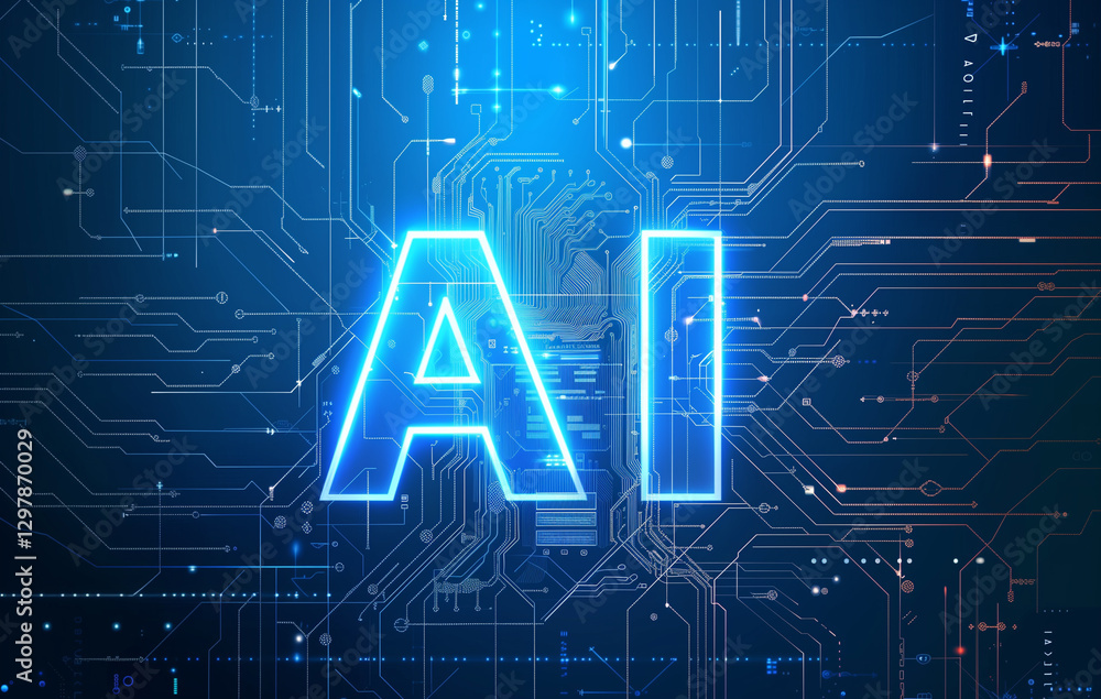 Poster ai letters on a blue circuit board background with glowing elements and light effects