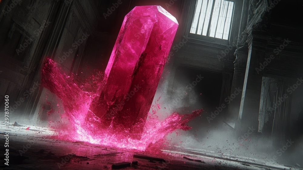 Poster Vibrant Crystal Formation Abstract Visualization of Energy Field with Intense Pink Glow and Digital Render Effect in Dark Urban Setting