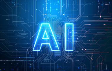 AI letters on a blue circuit board background with glowing elements and light effects