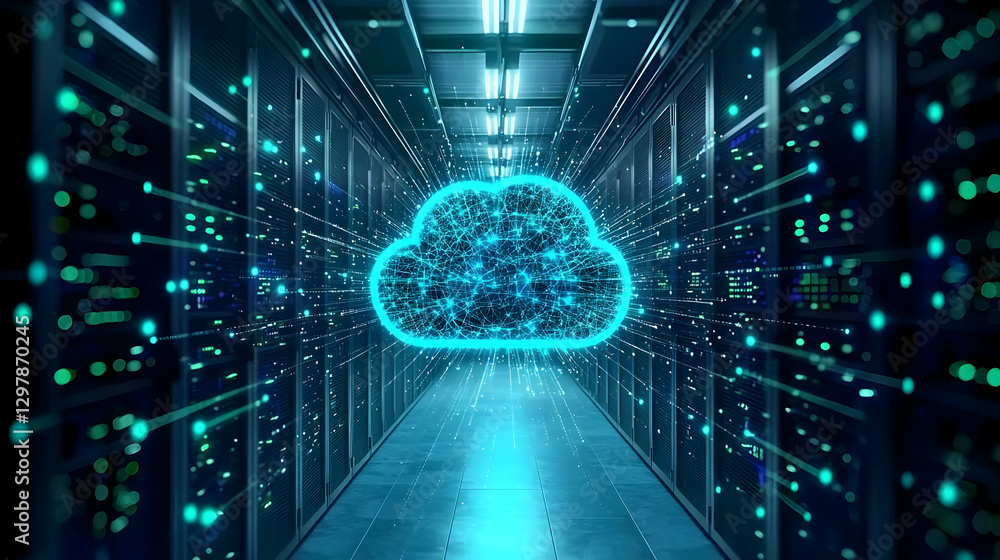 Aufkleber abstract blue cloud symbol illuminated in data server center tunnel background