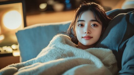 beautiful woman relaxing on cozy sofa at night