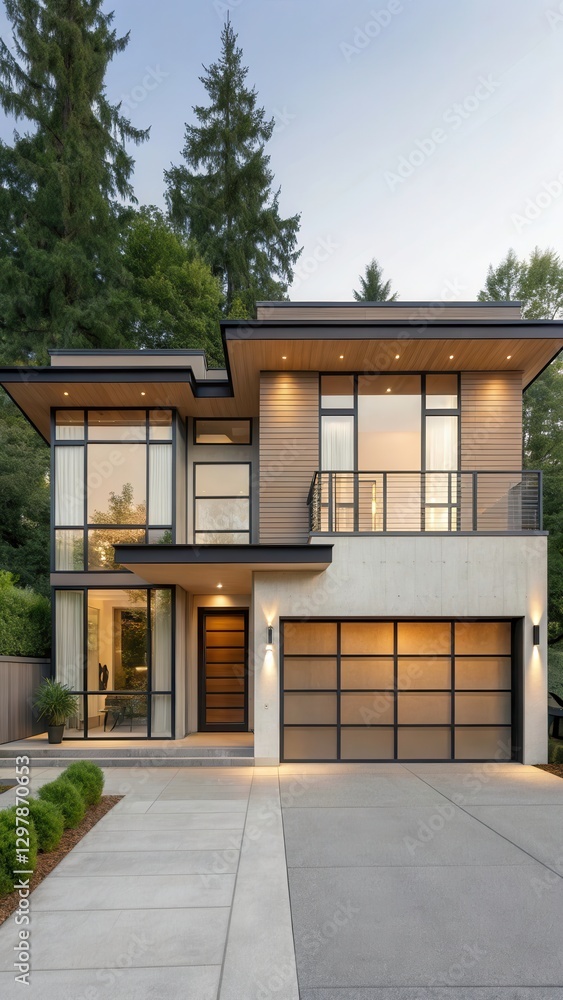 Poster modern residential house design featuring large windows and sleek architecture at dusk. generative a