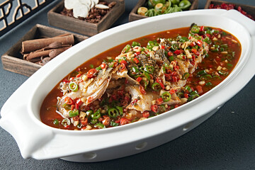 Spicy Braised Wild Sea Bass with Rice Peppers