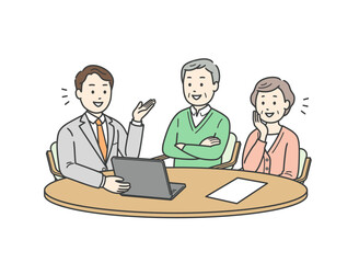 パソコンを広げたスーツ姿の男性から説明を受ける高齢者男女夫婦イラスト