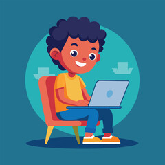 a boy is using his laptop vector
