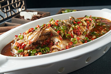 Spicy Braised Wild Sea Bass with Rice Peppers