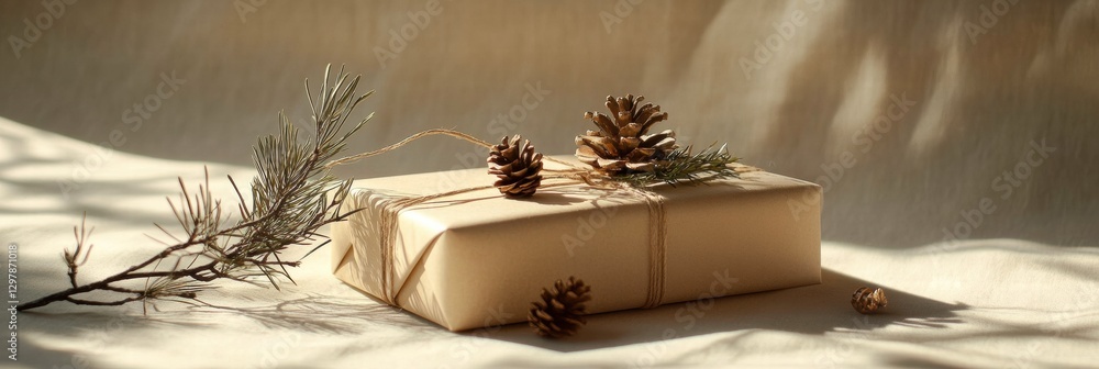 Poster Simple gift wrapped with brown paper and decorated with pinecones and greenery on a soft background. Generative AI