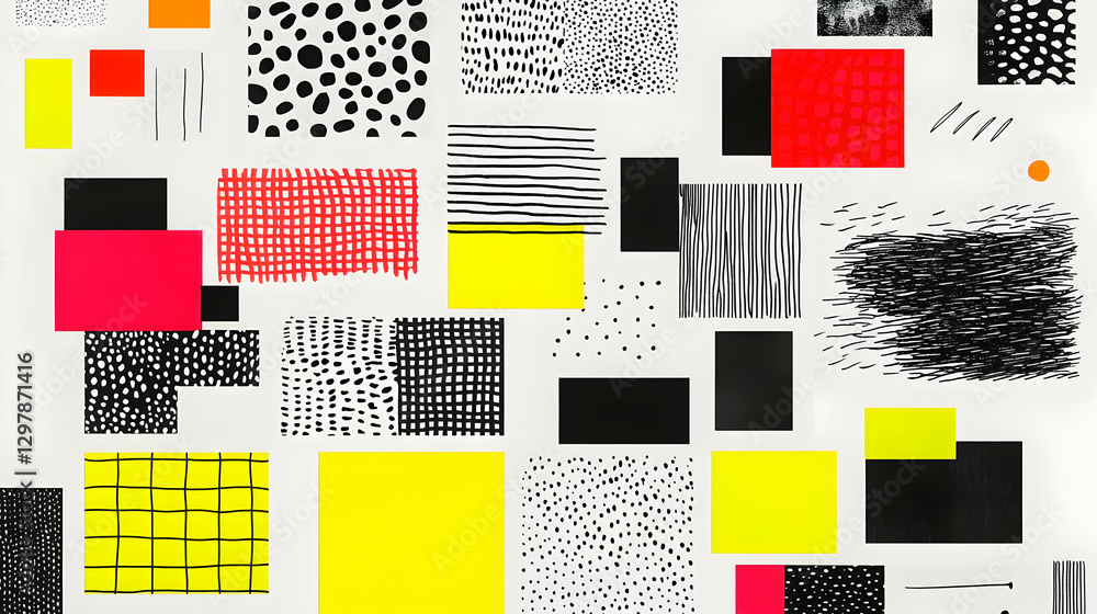 Poster abstract geometric composition with colorful shapes and varied textures on white background