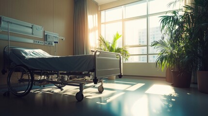 empty hospital room with sunlight streaming through window