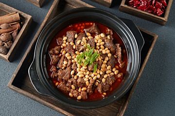 Braised Beef Brisket with Soybean in Red Oil Casserole
