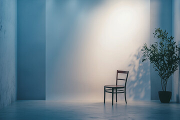 Empty chair against a minimalist background with plant
