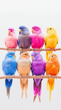 Colorful parakeets sitting together on a perch against a light background during the day