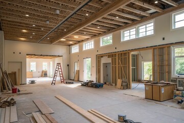 Interior View of Home Office Construction Site Showing Renovation Progress and Building Materials. Generative AI