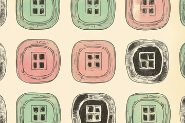 Pattern of colorful abstract buttons on cream background
