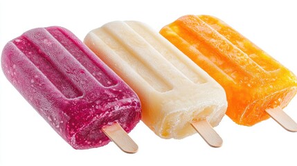 Three colorful popsicles on white background, summer refreshment