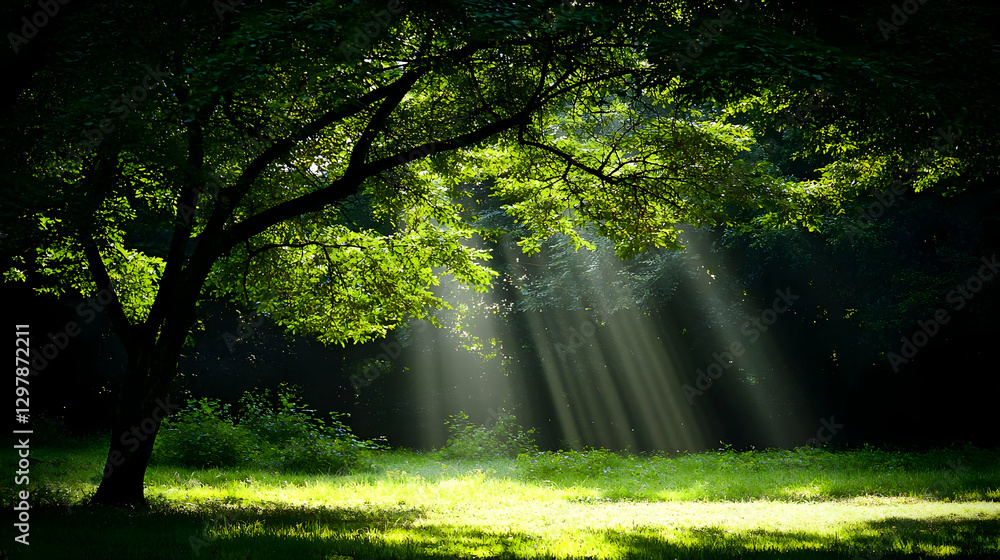 Poster lush green tree illuminated by rays of sunlight streaming through branches and leaves in a forest la