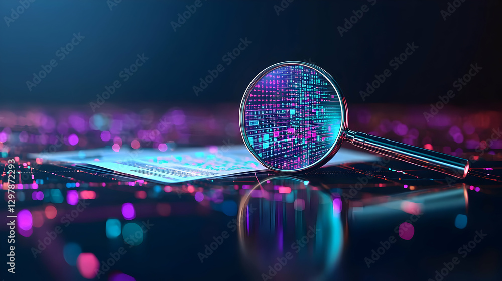 Poster magnifying glass over circuit board displaying digital data illuminated with blue and purple lights
