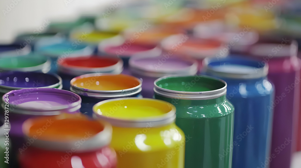Poster close up of colorful paint jars in a row displaying a rainbow of vibrant colors
