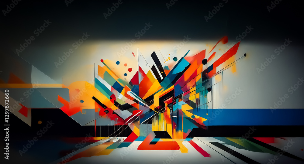 Poster dynamic abstract art featuring a burst of vibrant geometric shapes and colors, creating a modern and