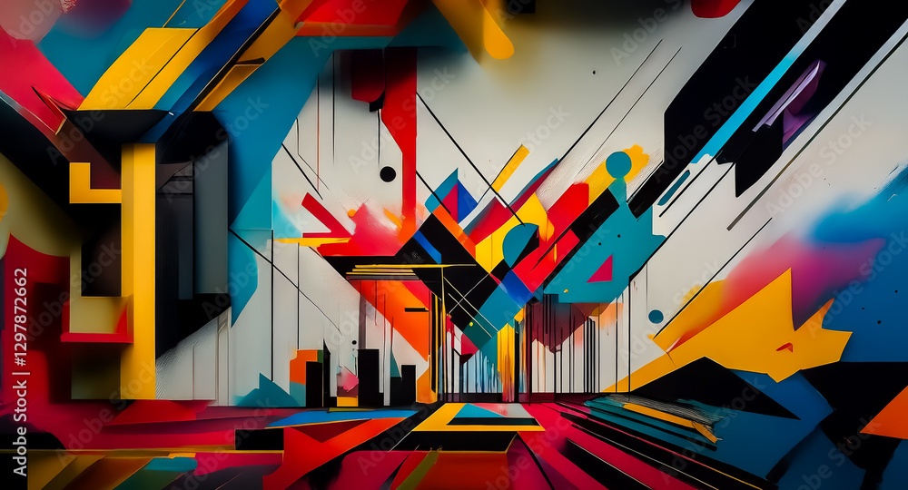 Poster vibrant abstract geometric art featuring dynamic shapes and lines creating a modern and colorful com