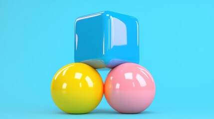 Cube stacked over two spheres on a blue background, studio shot, minimalistic
