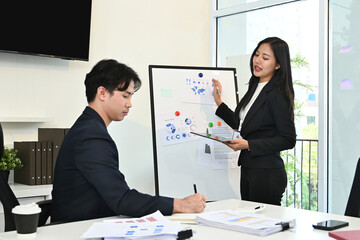 A woman is giving a presentation to a man in a suit. The woman is standing in front of a white board with a presentation on it. The man is sitting in a chair behind her.