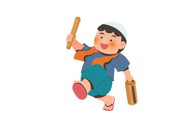Cheerful Boy Carrying Kentongan (Wooden Drum) During Sahur Illustration 