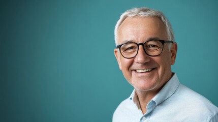 happy senior man portrait against teal background