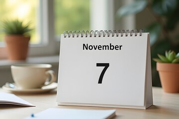 A calendar page flipping to November 7, set in a cozy desk scene.