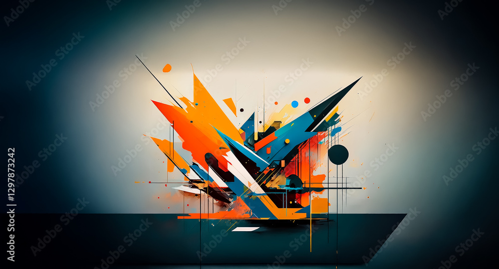 Poster abstract vibrant explosion of angular shapes in orange, blue, and black against a soft gradient back