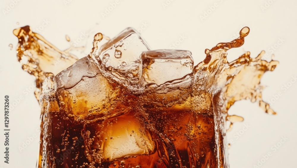 Aufkleber close-up of cola splashing with ice cubes.