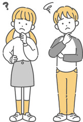 考えている小学生男子と女子の線画イラスト