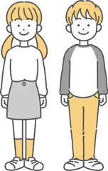 Fototapeta premium 立っている小学生男子と女子の線画イラスト
