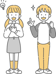 何かを思いついた小学生男子と女子の線画イラスト