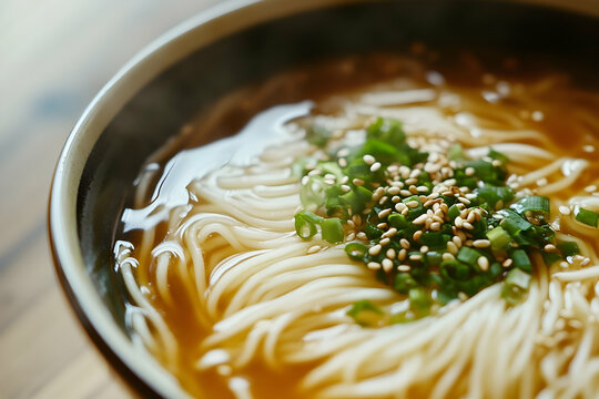 Delicious and comforting bowl of Japanese somen noodle soup close up