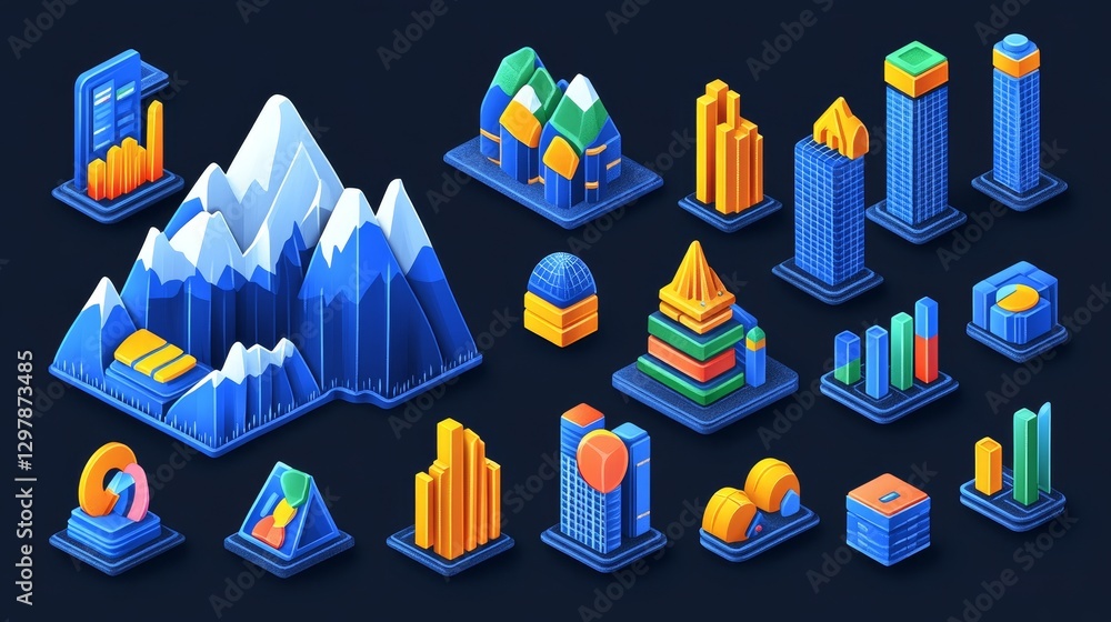 Poster isometric pixel art landscape elements pack diverse miniatures low poly environment design pixelated