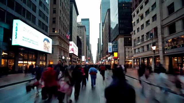 A city street with tall buildings on both sides. Lots of people walking down the street, fast traffic.