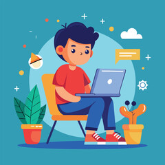 a boy is using his laptop vector