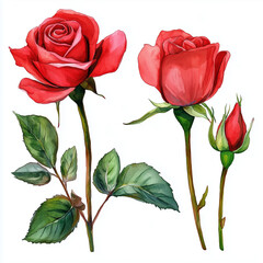 set red rose, beautiful flower on an isolated white background, watercolor illustration, botanical painting 